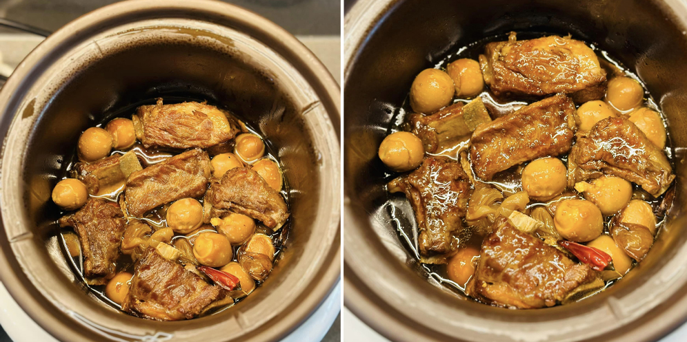 Sườn non và trứng cút khi kho được 1 tiếng
